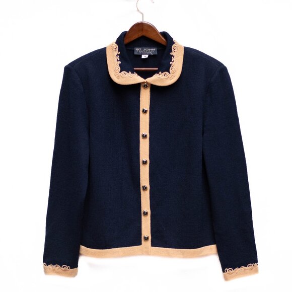 VTG St. John Santana Knit Blazer 14 Navy Blue Beige Trim Gold Buttons Cardigan - Picture 3 of 6